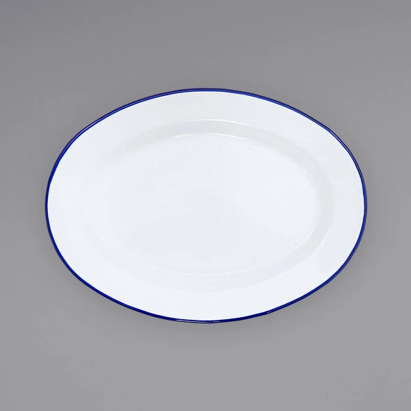 Crow Canyon Home V94BLU Vintage 11 7/8" X 8 11/16" White Enamelware Oval Plate With Blue Rolled Rim