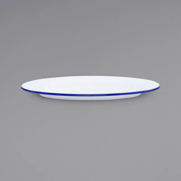 Crow Canyon Home V94BLU Vintage 11 7/8" X 8 11/16" White Enamelware Oval Plate With Blue Rolled Rim - Image 2