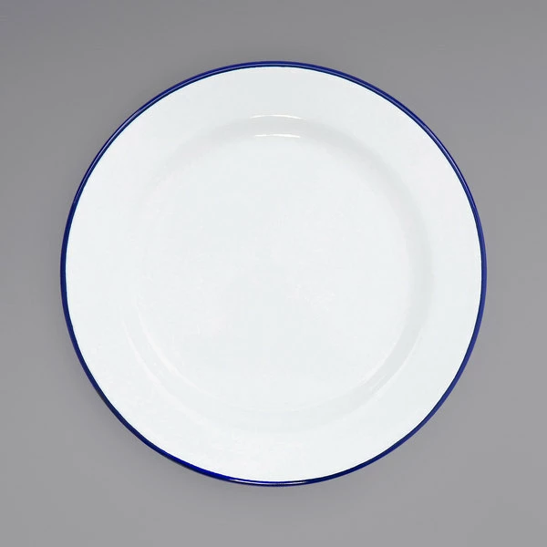 Crow Canyon Home V99BLU Vintage 8" White Wide Rim Enamelware Plate With Blue Rolled Rim - Image 2