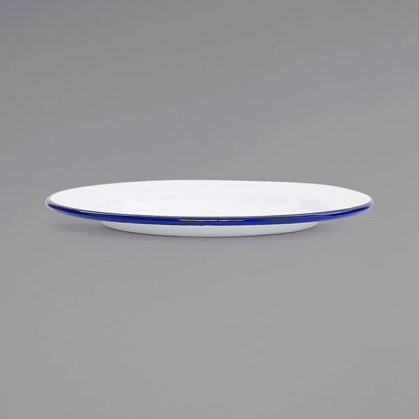 Crow Canyon Home V99BLU Vintage 8" White Wide Rim Enamelware Plate With Blue Rolled Rim - Image 3