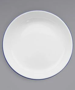 Crow Canyon Home V114BLU Vintage 10 1/2" White Round Enamelware Deep Coupe Pasta Plate With Blue Rolled Rim
