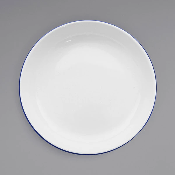 Crow Canyon Home V114BLU Vintage 10 1/2" White Round Enamelware Deep Coupe Pasta Plate With Blue Rolled Rim