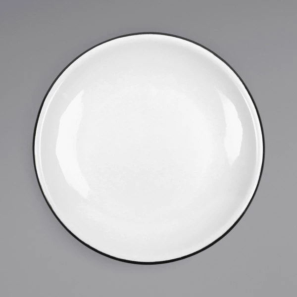 Crow Canyon Home V123BLA Vintage 8" White Coupe Enamelware Plate With Black Rolled Rim