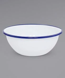 Crow Canyon Home V17BLU Vintage 20 Oz. White Round Enamelware Bowl With Blue Rolled Rim