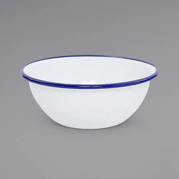 Crow Canyon Home V17BLU Vintage 20 Oz. White Round Enamelware Bowl With Blue Rolled Rim