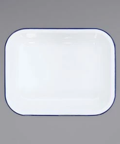 Crow Canyon Home V22BLU Vintage 2 Qt. White Enamelware Roasting Pan With Blue Rolled Rim