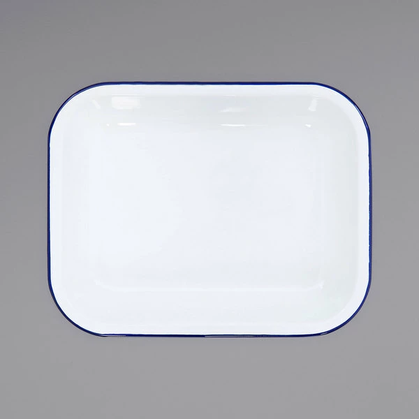 Crow Canyon Home V22BLU Vintage 2 Qt. White Enamelware Roasting Pan With Blue Rolled Rim