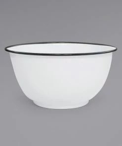 Crow Canyon Home V23BLA Vintage 4 Qt. White Round Enamelware Footed Bowl With Black Rolled Rim