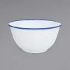 Crow Canyon Home V23BLU Vintage 4 Qt. White Round Enamelware Footed Bowl With Blue Rolled Rim