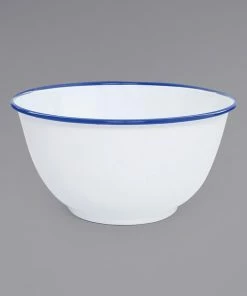 Crow Canyon Home V23BLU Vintage 4 Qt. White Round Enamelware Footed Bowl With Blue Rolled Rim