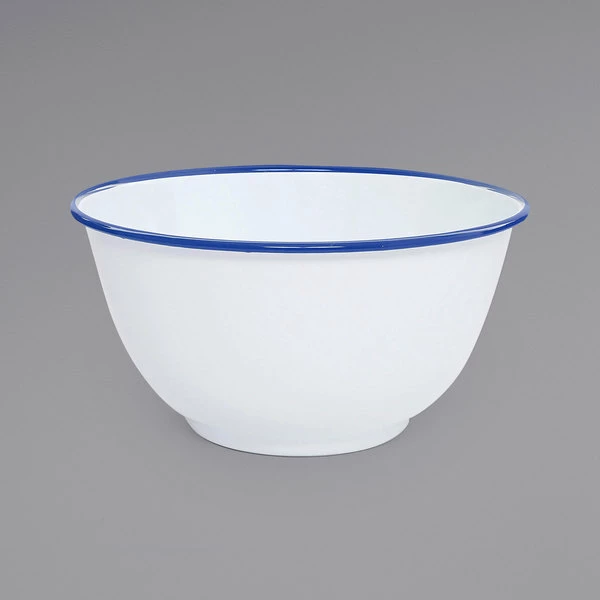 Crow Canyon Home V23BLU Vintage 4 Qt. White Round Enamelware Footed Bowl With Blue Rolled Rim