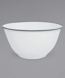 Crow Canyon Home V23GRY Vintage 4 Qt. White Round Enamelware Footed Bowl With Grey Rolled Rim