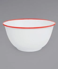 Crow Canyon Home V23RED Vintage 4 Qt. White Round Enamelware Footed Bowl With Red Rolled Rim
