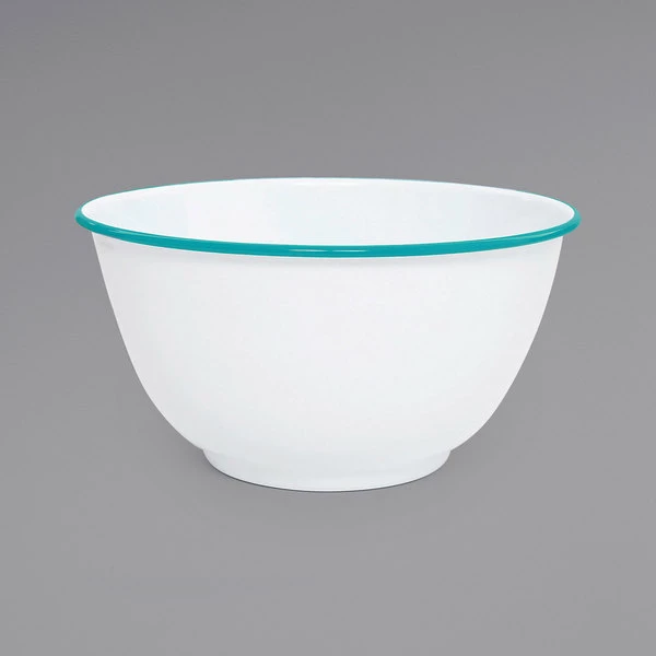 Crow Canyon Home V23TUR Vintage 4 Qt. White Round Enamelware Footed Bowl With Turquoise Rolled Rim - Image 2