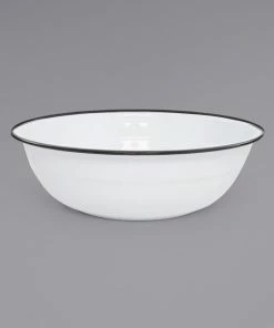 Crow Canyon Home V25BLA Vintage 8 Qt. White Round Enamelware Footed Basin With Black Rolled Rim