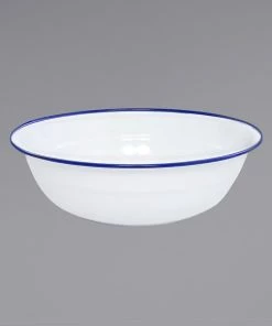 Crow Canyon Home V25BLU Vintage 8 Qt. White Round Enamelware Footed Basin With Blue Rolled Rim
