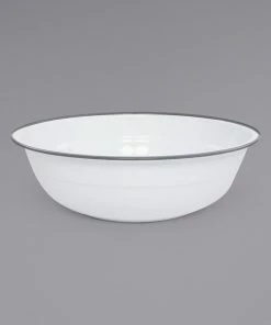 Crow Canyon Home V25GRY Vintage 8 Qt. White Round Enamelware Footed Basin With Grey Rolled Rim