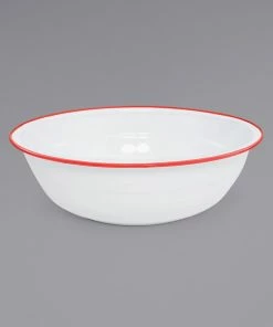 Crow Canyon Home V25RED Vintage 8 Qt. White Round Enamelware Footed Basin With Red Rolled Rim