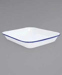 Crow Canyon Home V34BLU Vintage 3 Qt. White Enamelware Roasting Pan With Blue Rolled Rim