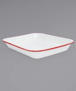 Crow Canyon Home V34RED Vintage 3 Qt. White Enamelware Roasting Pan With Red Rolled Rim