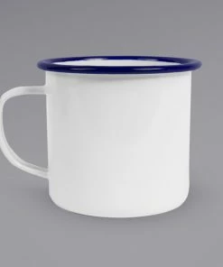 Crow Canyon Home V112BLU Vintage 16 Oz. White Enamelware Mug With Blue Rolled Rim