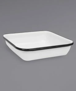 Crow Canyon Home V122BLA Vintage 4 3/4" White Square Enamelware Tray With Black Rolled Rim