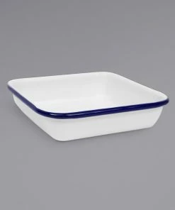 Crow Canyon Home V122BLU Vintage 4 3/4" White Square Enamelware Tray With Blue Rolled Rim