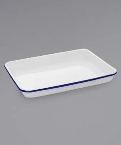 Crow Canyon Home V190BLU Vintage 11 1/4" X 8 3/4" White Rectangular Enamelware Tray With Blue Rolled Rim
