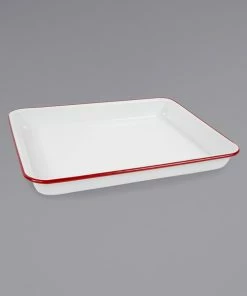 Crow Canyon Home V190RED Vintage 11 1/4" X 8 3/4" White Rectangular Enamelware Tray With Red Rolled Rim