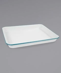 Crow Canyon Home V190TUR Vintage 11 1/4" X 8 3/4" White Rectangular Enamelware Tray With Turquoise Rolled Rim